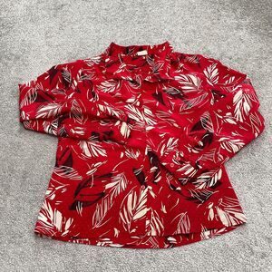 Pykettes Palm Leaves Button Down Shirt Blouse Womens Small Red Long Sleeve Top